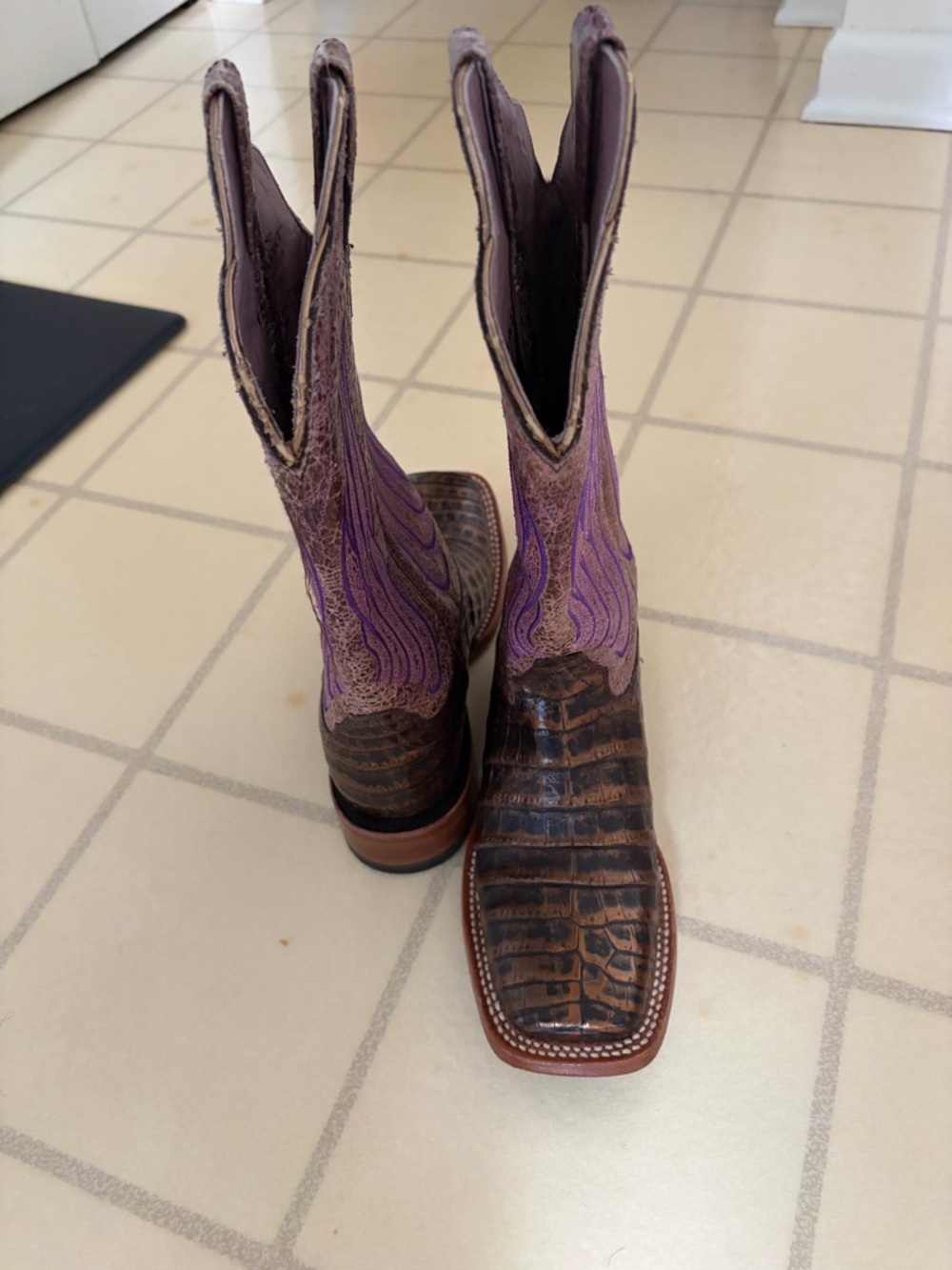 Western Crocodile-Print Leather Cowboy Boots with Purple Stitching